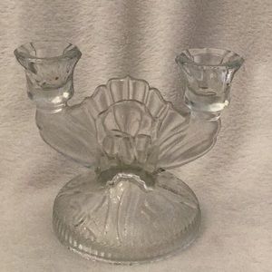 Vintage Double Candlestick Iris Clear Glass Jeanette?